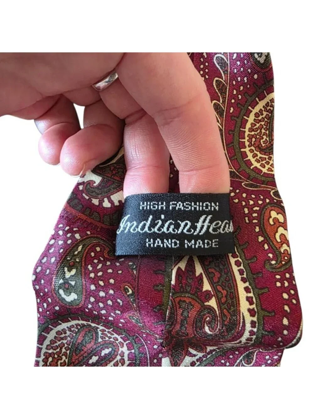 Vintage Indian Head Paisley Necktie Burgundy Red Green Cream Handmade Tie